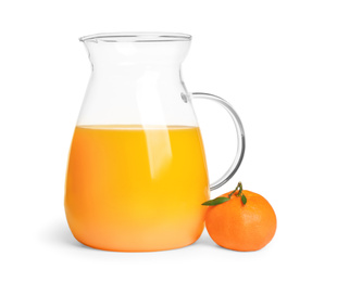 Fresh tangerine and jug of juice isolated on white