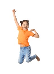 Cute little girl jumping on white background