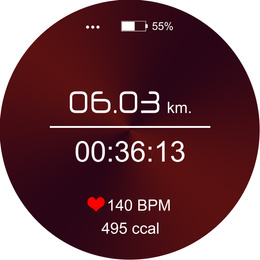 Smart watch displaying time interval, distance, heart rate and burnt calories amount in fitness monitor app