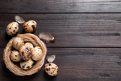 Quail eggs and feathers near nest on wooden table, flat lay. Space for text