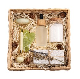 Spa gift set with different personal care products isolated on white, top view