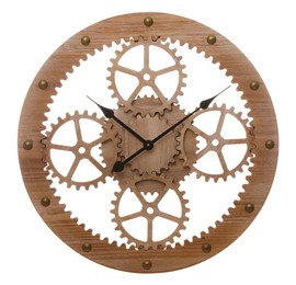 Stylish wall clock with wooden gears isolated on white