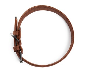 Brown leather dog collar isolated on white, top view
