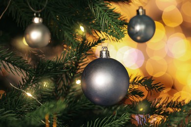 Beautiful shiny holiday baubles hanging on Christmas tree against blurred fairy lights, closeup