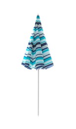 Closed blue striped beach umbrella isolated on white