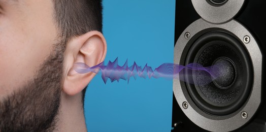 Modern audio speaker and man listening to music on light blue background, closeup view of ear. Banner design