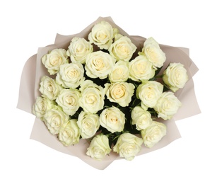 Luxury bouquet of fresh roses isolated on white, top view