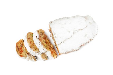 Cut delicious Stollen sprinkled with powdered sugar isolated on white, top view