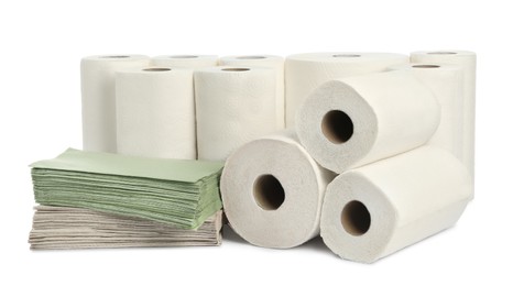Paper towels and napkins on white background