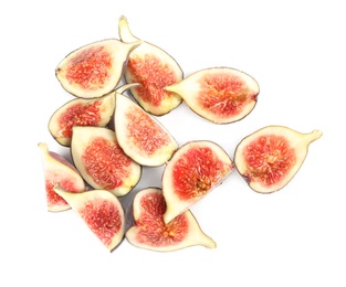 Slices of tasty fresh figs on white background, top view