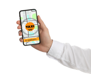 Man ordering taxi with smartphone on white background, closeup