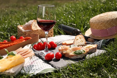 Blanket with wine and snacks for picnic on green grass