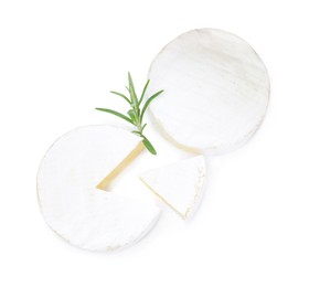 Tasty cut and whole brie cheeses with rosemary on white background, top view