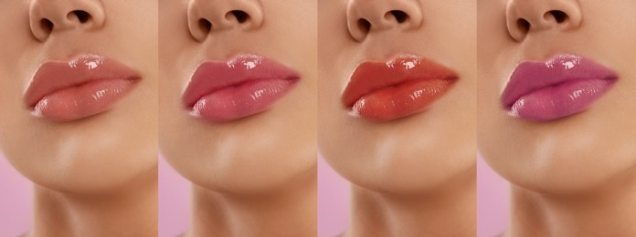 Collage with photos of young woman with different glossy lipsticks on pink background, closeup. Banner design