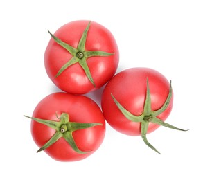 Fresh ripe red tomatoes on white background, top view