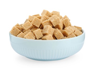 Bowl with cubes of brown sugar isolated on white