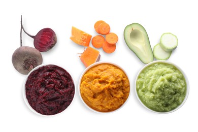 Different delicious puree in bowls and fresh ingredients on white background, top view. Healthy food