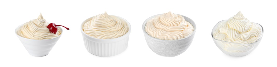Set with delicious fresh whipped cream on white background. Banner design
