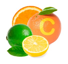 Source of Vitamin C. Different citrus fruits with leaves on white background