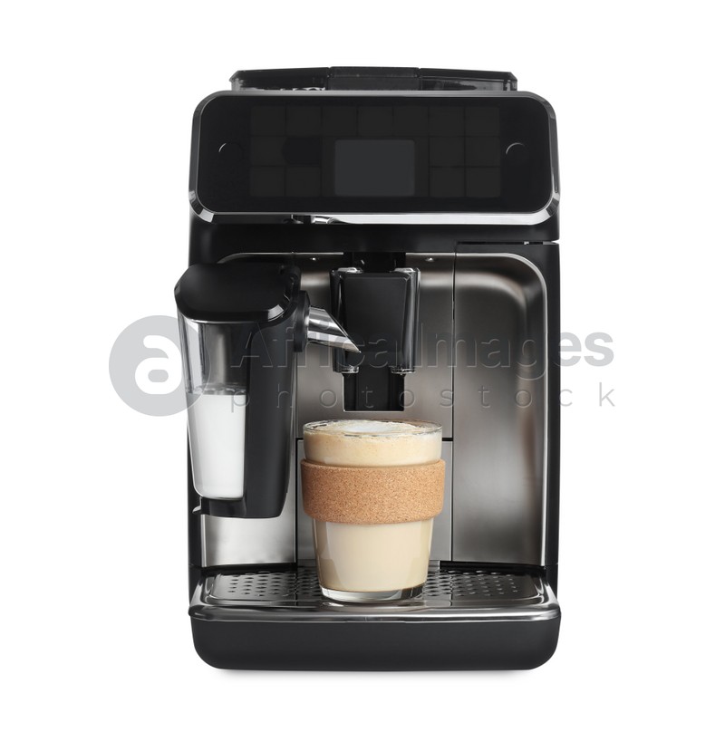 Modern coffee machine with glass of cappuccino isolated on white