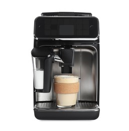 Modern coffee machine with glass of cappuccino isolated on white