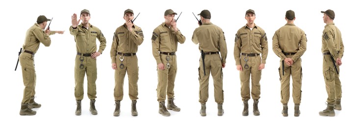 Collage of professional security guard on white background. Banner design