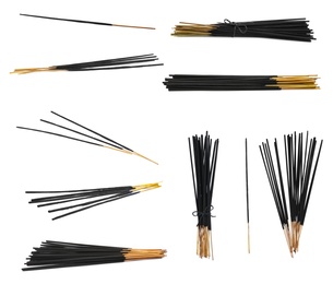 Set with aromatic incense sticks on white background