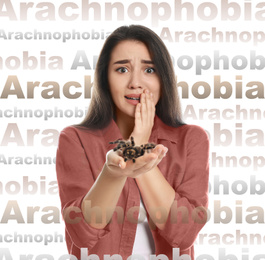 Image of Scared woman with tarantula on white background. Arachnophobia (fear of spiders)