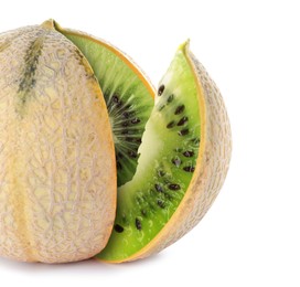 Image of Genetically modified melon with kiwi on white background