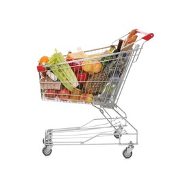 Shopping cart full of groceries on white background