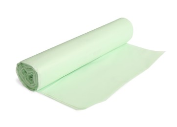 Roll of garbage bags on white background. Cleaning supplies