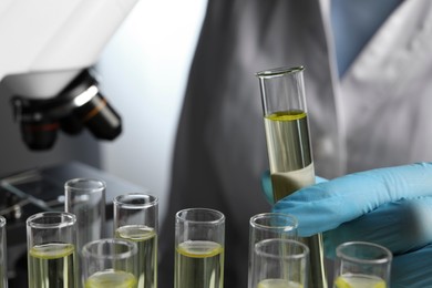 Doctor taking test tube with urine sample for analysis in laboratory, closeup
