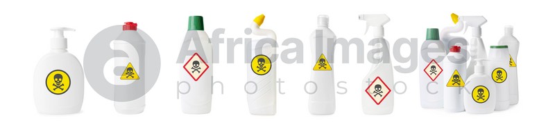 Set with different toxic household chemicals with warning signs on white background. Banner design
