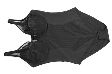 Elegant plus size black women's underwear isolated on white, top view
