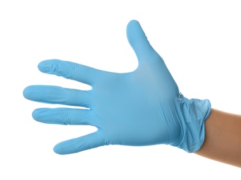 Person in blue latex gloves showing number five against white background, closeup on hand