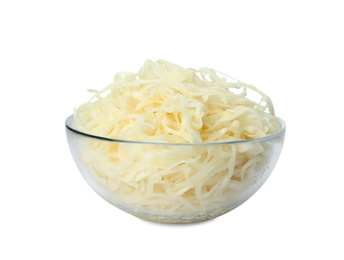 Glass bowl of tasty fermented cabbage isolated on white