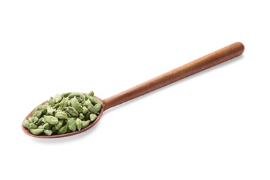 Wooden spoon full of cardamom on white background