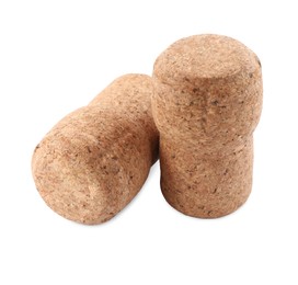 Two sparkling wine corks on white background