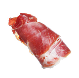 Roll of tasty prosciutto isolated on white