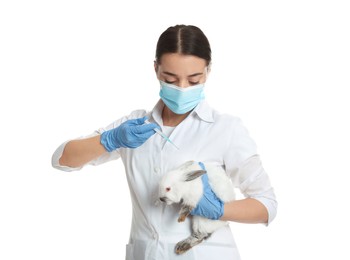 Scientist with syringe and rabbit on white background. Animal testing concept