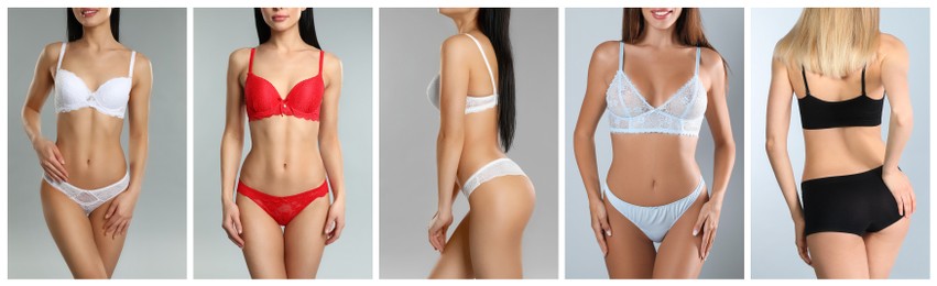 Image of Collage with photos of women wearing underwear on light grey background. Banner design