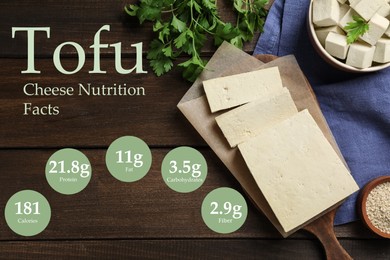 Image of Tasty tofu and information about its nutrition facts on wooden background, flat lay