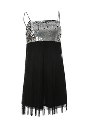 Photo of Beautiful short black party dress with paillettes on white background
