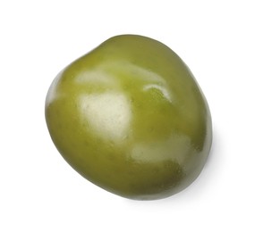 One fresh green olive isolated on white, top view