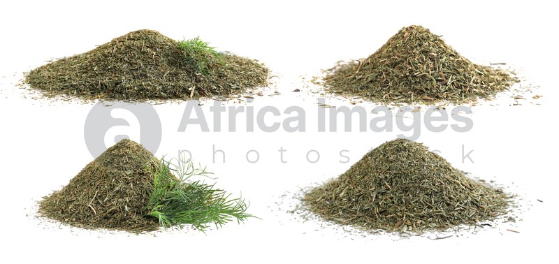 Set with heaps of dry dill on white background. Banner design