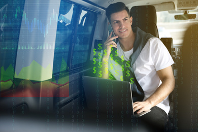 Image of Businessman working in car surrounded by digital charts and dollar signs. People making money