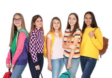 Group of teenagers on white background. Youth lifestyle and friendship