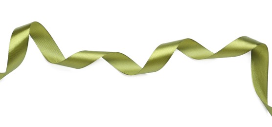 Photo of Beautiful olive ribbon isolated on white. Festive decor