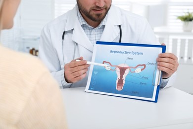 Gynecologist showing illustration of female reproductive system to young woman, closeup