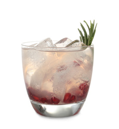 Tasty cocktail with ice cubes and pomegranate isolated on white